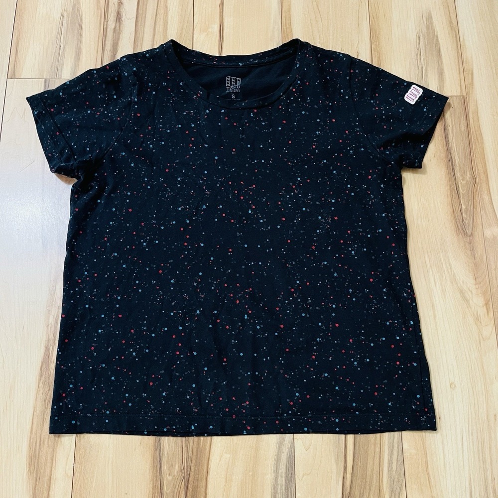 Topo Designs Womens Cosmos T Shirt Sz S Black Speckled Comfort Fit Cotton Active